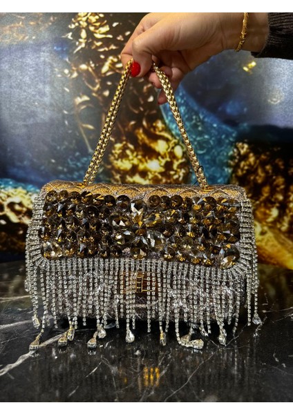 Abiye Çanta Taşlı Abiye Çanta Kristal Taş Özel Tasarim Zincirli Kadin Gold