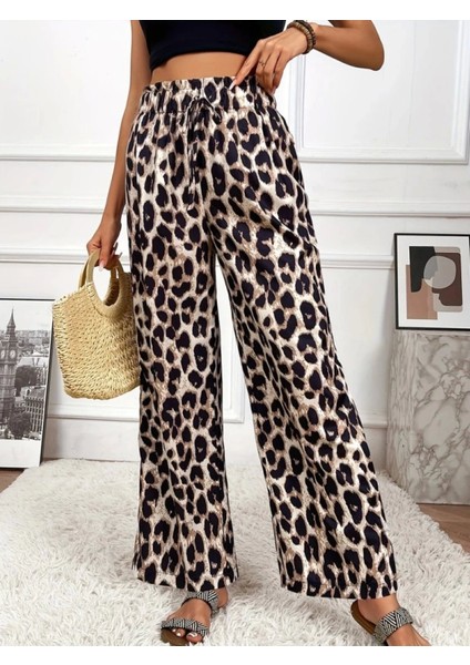 Yüksek Bel Bağcıklı Leopar Desenli Pantolon