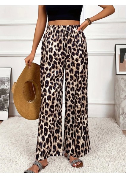 Yüksek Bel Bağcıklı Leopar Desenli Pantolon fiyatları