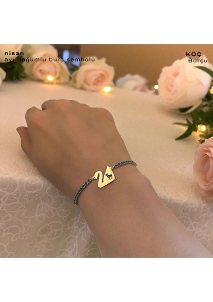 Altın Plakalı 14 Ayar Koç Burçlarına Özel Kuğu Kuşu Figürlü Mavi Taşlı Hediye BILEKLIK-600BURÇ