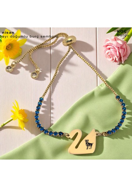 Altın Plakalı 14 Ayar Koç Burçlarına Özel Kuğu Kuşu Figürlü Mavi Taşlı Hediye BILEKLIK-600BURÇ fiyatları