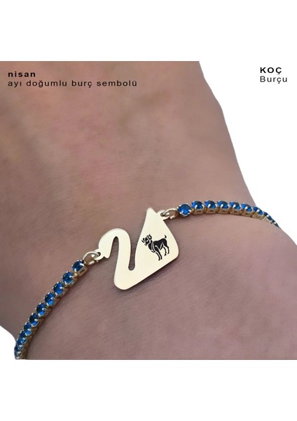 Altın Plakalı 14 Ayar Koç Burçlarına Özel Kuğu Kuşu Figürlü Mavi Taşlı Hediye BILEKLIK-600BURÇ fırsatları