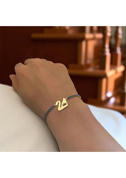 14 Ayar Plakalı Altın Krallık Temalı Kuğu Kuşu Figürlü Mavi Taşlı Hediye BILEKLIK-600SEMBOL