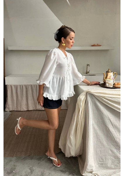 Keten Bluz Önden Bağlamalı Fırfır Detaylı - Trendy Beyaz fiyatları