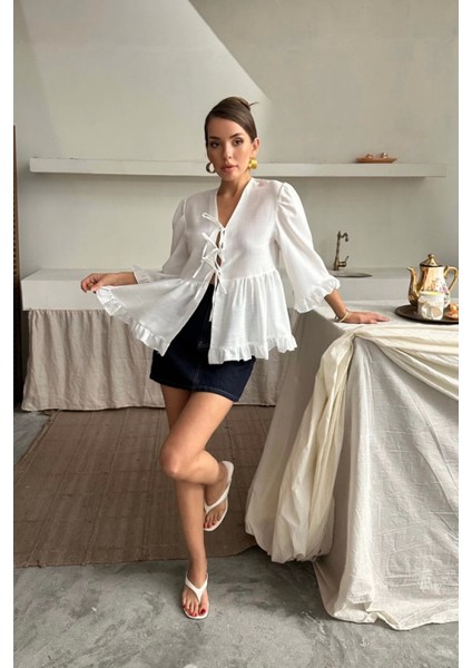 Keten Bluz Önden Bağlamalı Fırfır Detaylı - Trendy Beyaz fırsatları