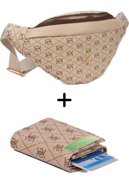 Kadın Desenli Mekanizmalı Cüzdan ve Çapraz Omuz Askılı Bel ve Omuz Çantası - Bej - NEWPOLO345