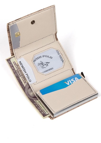 Kadın Desenli Mekanizmalı Cüzdan ve Çapraz Omuz Askılı Bel ve Omuz Çantası - Bej - NEWPOLO345