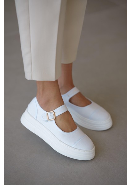 Lunni Premium Keten Tokalı Kadın Babet - Beyaz