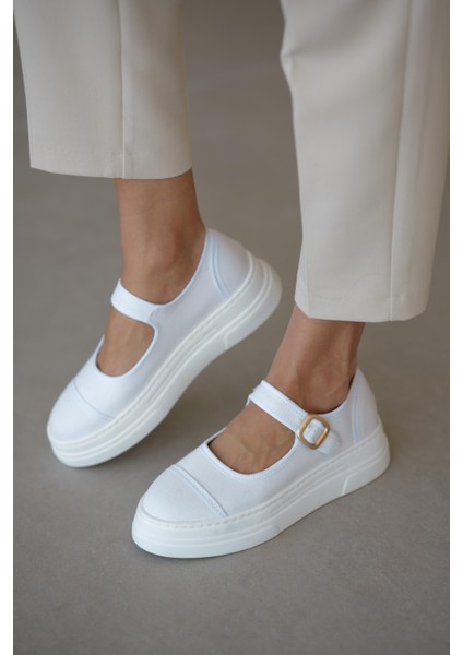 Lunni Premium Keten Tokalı Kadın Babet - Beyaz fiyatları