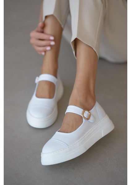 Lunni Premium Keten Tokalı Kadın Babet - Beyaz modelleri