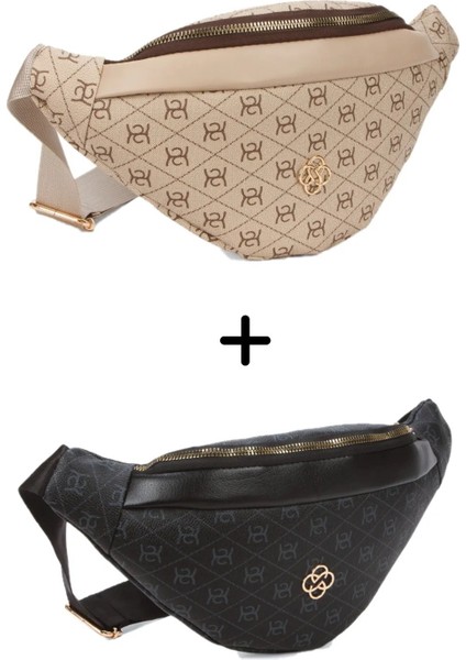 Kadın Desenli Çapraz Omuz Askılı Bel ve Omuz Çantası 2 Adet - Siyah - Bej NEWPOLO345