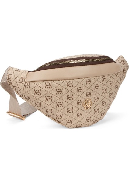 Kadın Desenli Çapraz Omuz Askılı Bel ve Omuz Çantası 2 Adet - Siyah - Bej NEWPOLO345