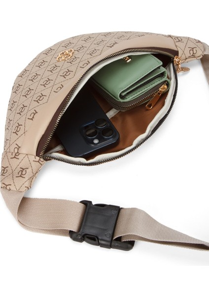 Kadın Desenli Çapraz Omuz Askılı Bel ve Omuz Çantası 2 Adet - Siyah - Bej NEWPOLO345