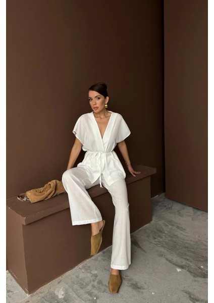 Beyaz Keten V Yaka Takım modelleri