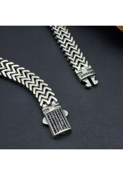 925 Ayar Gümüş Kutu Kilitli Taşlı Model Bileklik 8.3mm,erkek Gümüş Aksesuar,erkek Gümüş Bileklik,