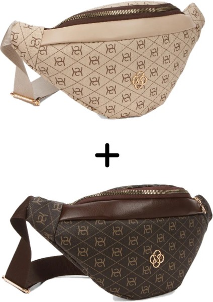 Kadın Desenli Çapraz Omuz Askılı Bel ve Omuz Çantası 2 Adet - Bej - Kahverengi- NEWPOLO345