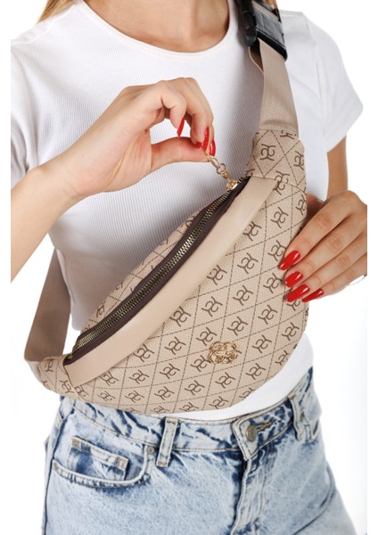 Kadın Desenli Çapraz Omuz Askılı Bel ve Omuz Çantası 2 Adet - Bej - Kahverengi- NEWPOLO345 indirimleri