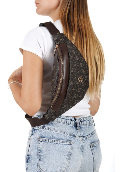 Kadın Desenli Çapraz Omuz Askılı Bel ve Omuz Çantası 2 Adet - Bej - Kahverengi- NEWPOLO345