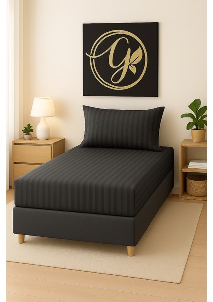 120'LIK Yataklar Için ( 1.5 Kişilik ) Çizgili Pamuk Saten Lastikli Çarşaf Takımı