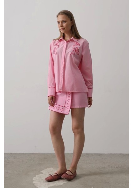 Şık Nakışlı Etek Takımı - Pembe