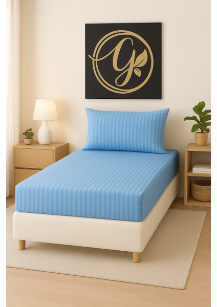 120'LIK Yataklar Için ( 1.5 Kişilik ) Çizgili Pamuk Saten Lastikli Çarşaf Takımı