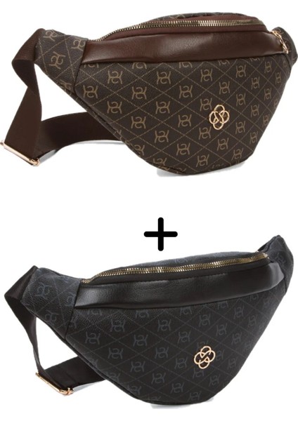 Kadın Desenli Çapraz Omuz Askılı Bel ve Omuz Çantası 2 Adet - Siyah - Kahverengi -NEWPOLO345