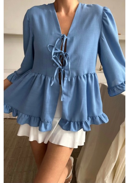 Fırfır Detaylı Keten Bluz - Mavi