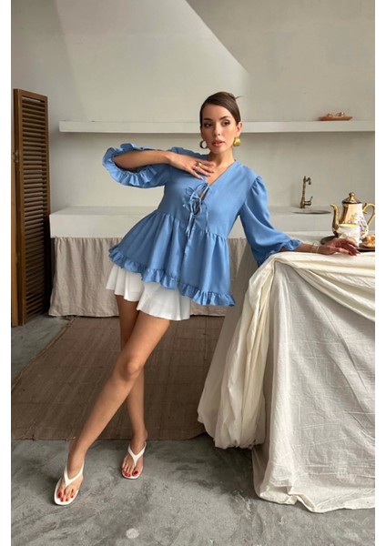 Fırfır Detaylı Keten Bluz - Mavi fırsatları