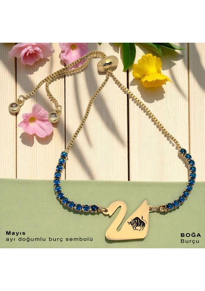 Altın Plakalı 14 Ayar Boğa Burçlarına Özel Mavi Taşlı Kuğu Kuşu Figürlü Hediye BILEKLIK-600BURÇ fiyatları