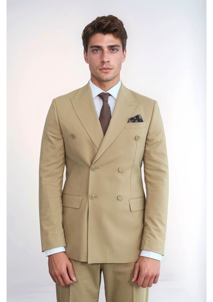 Geniş Sivri Yakalı Slim Fit Bej Erkek Kruvaze Takım Elbise - Wessi fiyatları