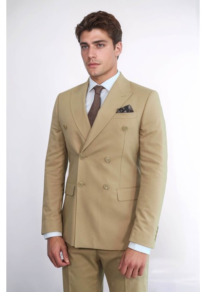 Geniş Sivri Yakalı Slim Fit Bej Erkek Kruvaze Takım Elbise - Wessi modelleri