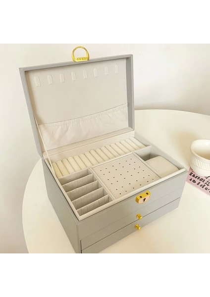 Dışı Deri Içi Kadife Kilitli 2 Çekmeceli Takı Bijuteri Mücevher Kutusu Organizer Düzenleyici Gri Ithal Ürün fiyatları