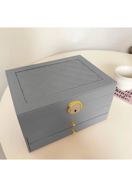 Dışı Deri Içi Kadife Kilitli 2 Çekmeceli Takı Bijuteri Mücevher Kutusu Organizer Düzenleyici Gri Ithal Ürün modelleri