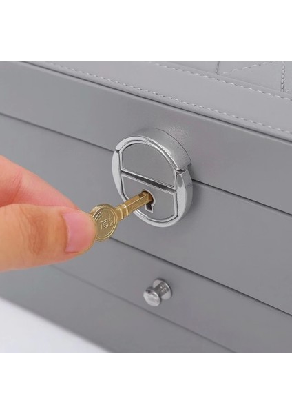 Dışı Deri Içi Kadife Kilitli 2 Çekmeceli Takı Bijuteri Mücevher Kutusu Organizer Düzenleyici Gri Ithal Ürün fırsatları