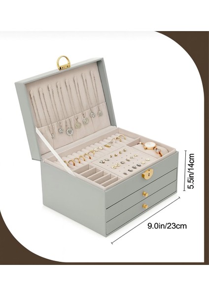 Dışı Deri Içi Kadife Kilitli 2 Çekmeceli Takı Bijuteri Mücevher Kutusu Organizer Düzenleyici Gri Ithal Ürün indirimleri