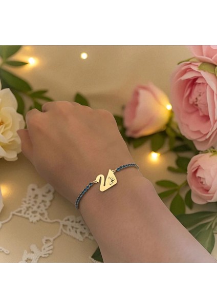 14 Ayar Altın Plakalı Hz Ali Temalı Mavi Taşlı Kuğu Kuşu Figürlü Hediye BILEKLIK-600SEMBOL