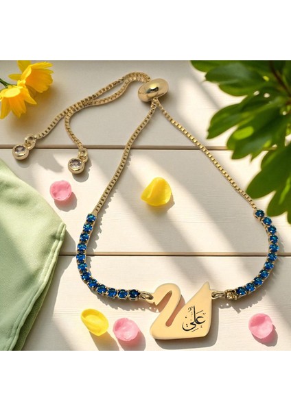 14 Ayar Altın Plakalı Hz Ali Temalı Mavi Taşlı Kuğu Kuşu Figürlü Hediye BILEKLIK-600SEMBOL fiyatları