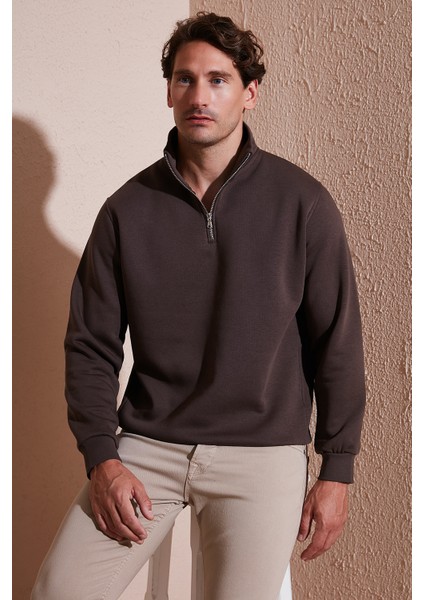 Pamuklu Regular Fit Yarım Fermuarlı Dik Yaka Sweat Erkek Sweat 59052592