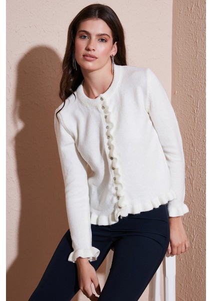 Premium Pile Detaylı Regular Fit Yuvarlak Yaka Triko Hırka Bayan Hırka 680HI00038