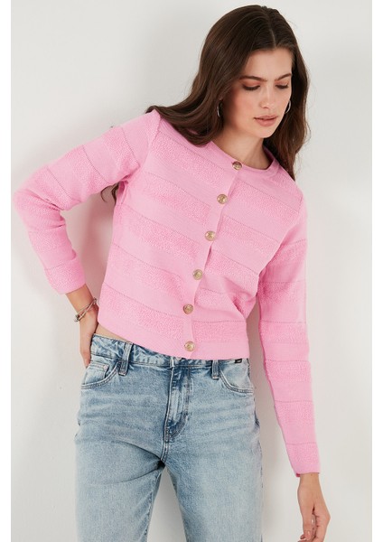 Premium Regular Fit Bisiklet Yaka Düğmeli Dokulu Triko Hırka Bayan Hırka 680HI00337