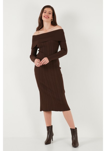 Premium Fitilli Carmen Yaka Slim Fit Midi Boy Triko Elbise Bayan Elbise 680EL00033 fırsatları