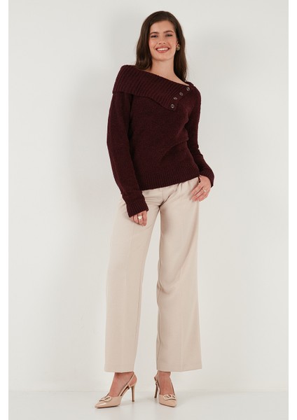 Premium Regular Fit Kayık Yaka Düğme Detaylı Kazak Bayan Kazak 680KZ002563 modelleri