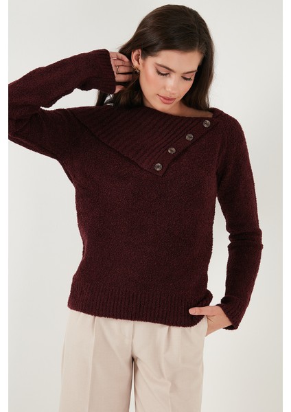 Premium Regular Fit Kayık Yaka Düğme Detaylı Kazak Bayan Kazak 680KZ002563