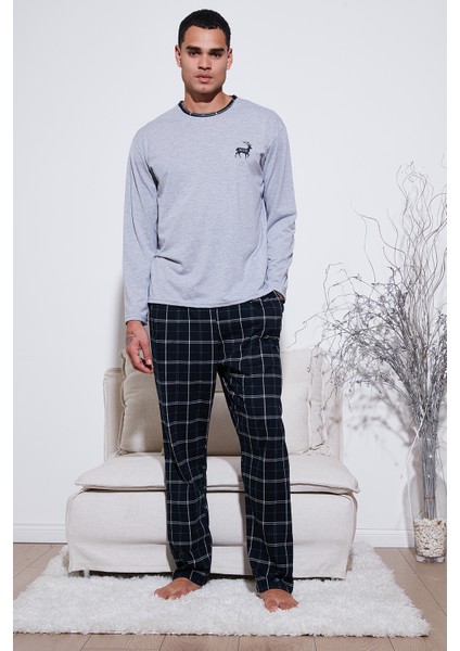Pamuklu Regular Fit Bisiklet Yaka Ekoseli Pijama Takımı Erkek Pijama Takımı 6574001