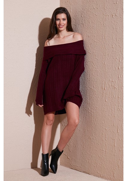 Oversize Fit Kayık Yaka Uzun Kollu Mini Triko Elbise Bayan Elbise 4615218