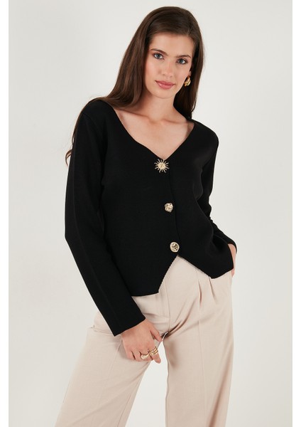 Premium Regular Fit V Yaka Düğmeli Triko Hırka Bayan Hırka 680HI00121