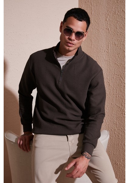 Pamuklu Regular Fit Yarım Fermuarlı Dik Yaka Sweat Erkek Sweat 5905716