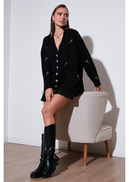 Oversize Fit Desenli V Yaka Triko Hırka Bayan Hırka 4616193