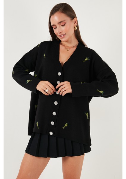 Oversize Fit Desenli V Yaka Triko Hırka Bayan Hırka 4616193