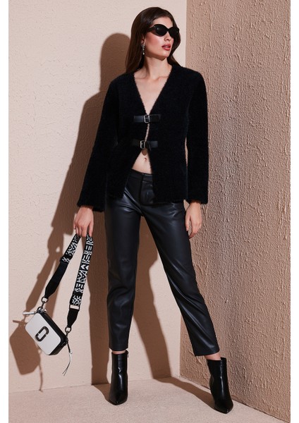 Premium Regular Fit V Yaka Çift Kemerli Peluş Hırka Bayan Hırka 680HI00112